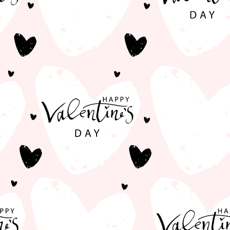 Romantic Seamless Pattern with hand written ink lettering Happy Valentine s Day and worn out textured heart shapes trendy design. Backdrop for wrapping paper, invitations, greeting cardsのイラスト素材