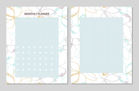 Universal Monthly Planner. Printable Template. Vector. Floral background in pastel soft colors. Outline doodle flowersのイラスト素材