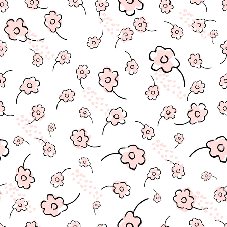 Cute Floral Seamless Pattern with hand drawn doodle flowers and leaves. Delicate romantic background for wallpaper, textile, wrapping paper, invitation cards, nursery, apparel.のイラスト素材