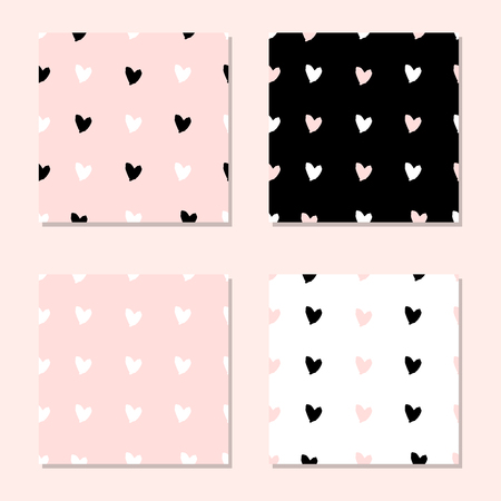 Lovely Hand Drawn Valentine s day Seamless Patterns Set. Cute trendy romantic backgrounds for wrapping paper, textile, invitations, gifts, greeting cards, wallpaper, party decorations, wedding, webのイラスト素材