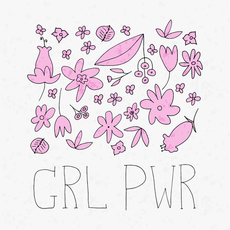 Girl Power Vector Illustration. Hand drawn quote with cute simple flowers and leaves. Floral design for t shirts, posters, cards, blog, etc.のイラスト素材