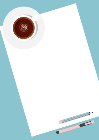 Flat template sheets of paper on the desktop. Blank sheets of paper, pen, pencil and coffee cup. Workspace vector illustration, preparation for work, sketches, notes.のイラスト素材