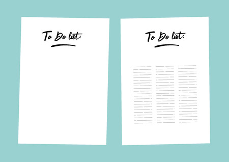 Flat template sheets of paper on the desktop. Blank sheets of paper, pen, pencil and coffee cup. Workspace vector illustration, preparation for work, sketches, notes.のイラスト素材