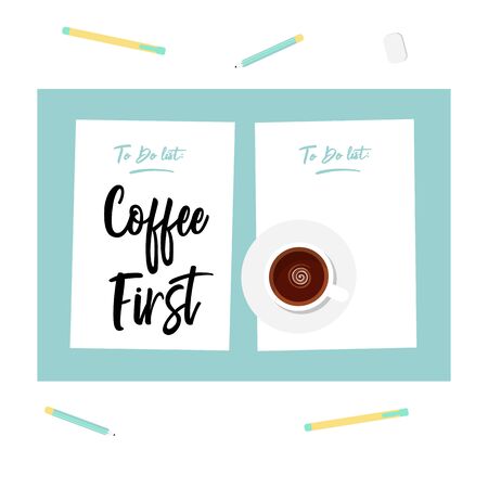 Cute Flat Illustration of Coffee First drinking concept. Cute vector quote in pastel colors. Creative workspace concept. Cup of coffee, blank sheets of paper, pencil, pen and eraser.のイラスト素材