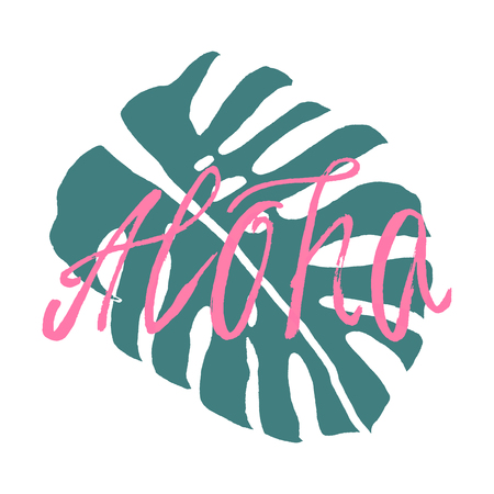 Hand Drawn Aloha Brush Texture Text with Tropical Monstera Leaf. Trendy summer pastel background for banners, invitations, posters, birthday, party, advertising, web. Vector illustrationのイラスト素材