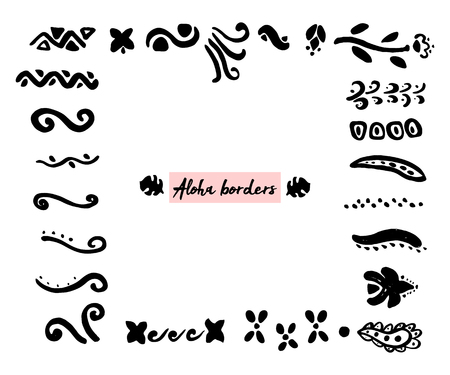 Cute Hand drawn unique collection of Aloha Dividers, Curls, Floral borders. Vector decorative elements for your design project. Ink brush symbolsのイラスト素材