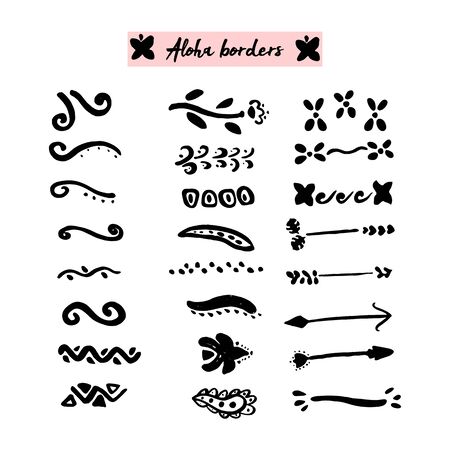 Cute Hand drawn unique collection of Aloha Dividers, Curls, Floral borders. Vector decorative elements for your design project. Ink brush symbolsのイラスト素材
