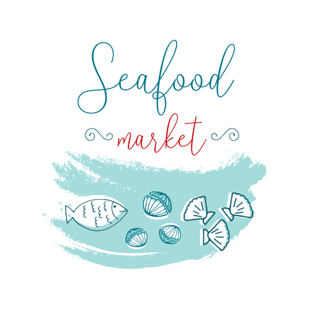 Hand Drawn Doodle Sketch Seafood illustration. Nautical background for seafood or fish with shellfish and fishのイラスト素材