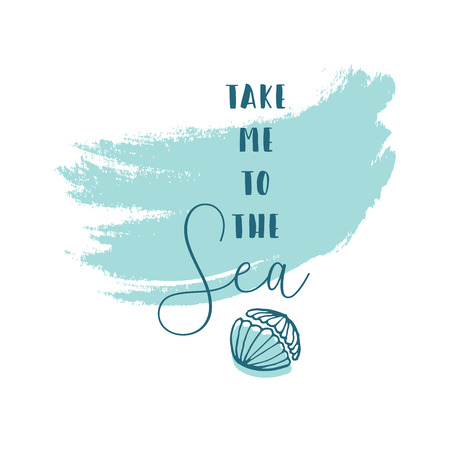 Hand Drawn cartoon doodle vector illustration with sea decoration elements and text Take me to the Sea on pastel blue brush background. Fish, sea shells. Apparel or typography designのイラスト素材