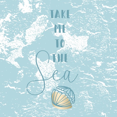 Hand Drawn cartoon doodle vector illustration with sea decoration elements and text Take me to the Sea on pastel blue brush background. Fish, sea shells. Apparel or typography designのイラスト素材