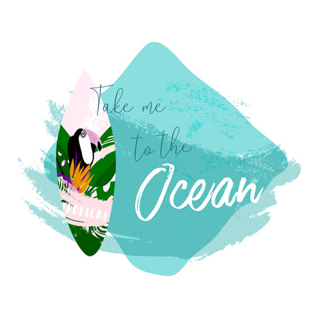 Cute vector Summer illustration collage with surfboard, toucan bird, strelizia flower and text Take me to the ocean on grunge pastel blue brush stroke backgroundのイラスト素材