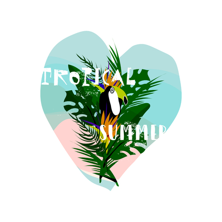 Cute vector Summer illustration collage with toucan bird, strelizia flower, palm leaves and calligraphic text on seascaped shape of heart background. Tropical summerのイラスト素材