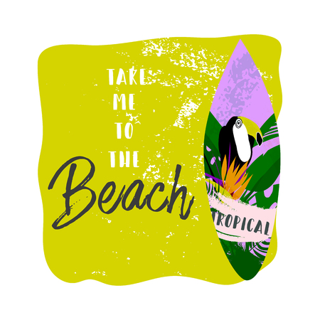 Tropical vector Summer illustration collage with toucan bird, strelizia flower and palm leaves. Take me to the beach. Surfing sport concept background. Take me to the beachのイラスト素材