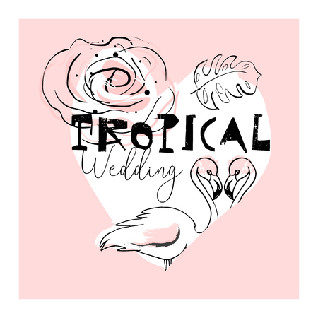 Tropical hand drawn flamingo illustration design in pastel pink with trendy hipster decoration elements. Modern print for wedding, invitations, greeting card, header, Valentine s day, anniversary, webのイラスト素材