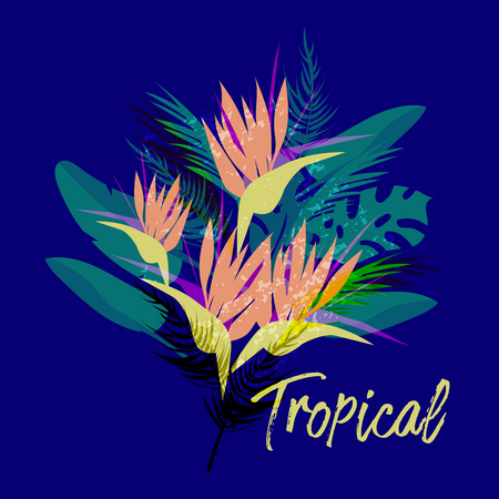 Tropical vector floral collage bouquet of different palm leaves, exotic strelitzia flower in colorful flat collage style. Decoration elements for invitations, greeting cards, wedding, apparel, t shirt print, etcのイラスト素材