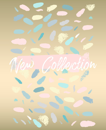 Pastel Abstract Brush stroke Confetti shapes on Gold background. New Collection fashion header or advertising banner template. Can use for invitation card, business card, wedding, seasonal clearance.のイラスト素材