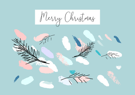 Artistic Hand Drawn unusual Christmas design with abstract hand painted brush strokes and doodle floral conifer branch sketches. Pastel colored background. Merry Christmas and New Year conceptのイラスト素材