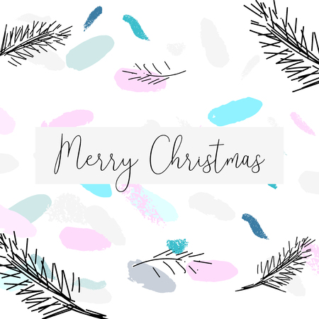 Artistic Hand Drawn unusual Christmas design with abstract hand painted brush strokes and doodle floral conifer branch sketches. Pastel colored background. Merry Christmas and New Year conceptのイラスト素材