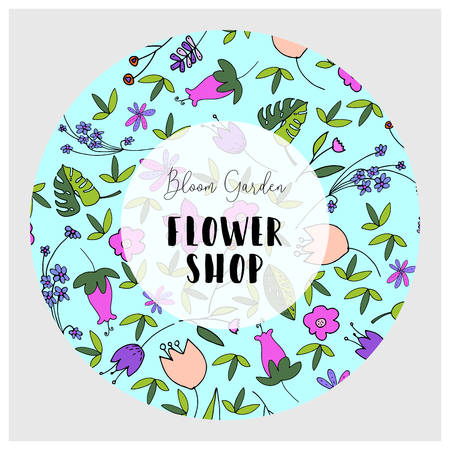 Beautiful Floral Pattern Label template with cute hand drawn doodle flower print. Artistic Seamless flourish packaging design for wrapping, stickers, invitations, greetings, wallpaper, textile, tagのイラスト素材