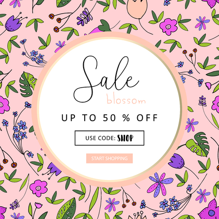 Beautiful Floral Pattern Label template with cute hand drawn doodle flower print. Artistic Seamless flourish packaging design for wrapping, stickers, invitations, greetings, wallpaper, textile, tagのイラスト素材