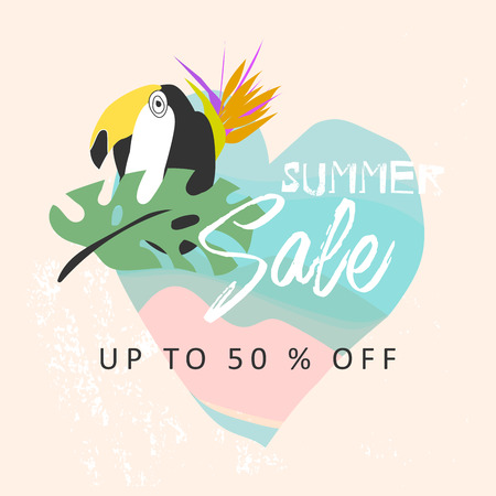 Tropical collage sale banner in hawaiian style with toucan bird and exotic floral decoration elements. Colorful summer background for advertising made in vectorのイラスト素材