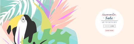 Tropical collage sale banner in hawaiian style with toucan bird and exotic floral decoration elements. Colorful summer background for advertising made in vectorのイラスト素材