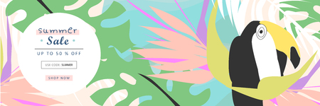 Tropical collage sale banner in hawaiian style with toucan bird and exotic floral decoration elements. Colorful summer background for advertising made in vectorのイラスト素材