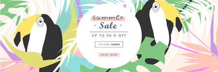 Tropical collage sale banner in hawaiian style with toucan bird and exotic floral decoration elements. Colorful summer background for advertising made in vectorのイラスト素材