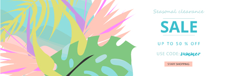 Tropical collage sale banner in hawaiian style with exotic floral decoration elements. Colorful summer background for advertising made in vectorのイラスト素材