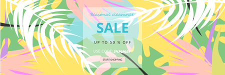 Tropical collage sale banner in hawaiian style with exotic floral decoration elements. Colorful summer background for advertising made in vectorのイラスト素材