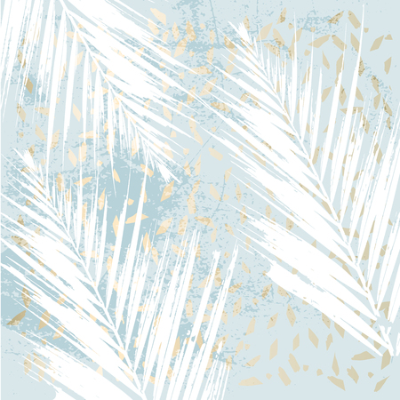 Trendy Chic Pastel colored background with Gold Foil shapes and painted palm leaf silhouettes. Abstract unusual textures for wallpaper, greeting cards, headers, decoration elements. Vectorのイラスト素材
