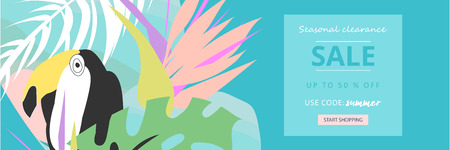 Tropical collage sale banner in hawaiian style with toucan bird and exotic floral decoration elements. Colorful summer background for advertising made in vectorの写真素材