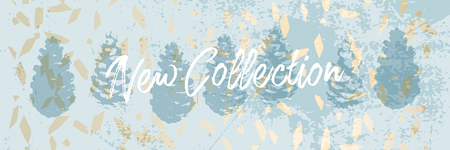 Christmas tree cone painting vector textures. Trendy Pastel blue white gold botanical winter patternのイラスト素材