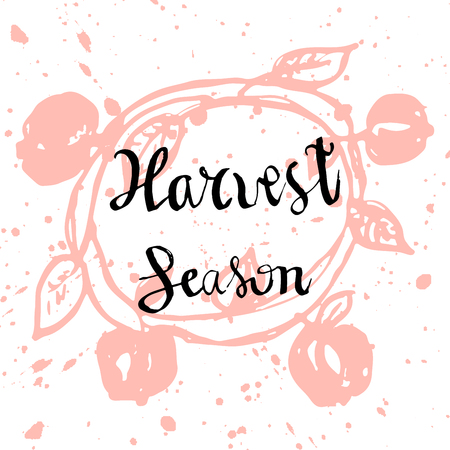 Harvest Season Hand Drawn lettering text with sketched apple wreath on pastel ink texture background. Harvest autumn concept. Vector Illustrationのイラスト素材