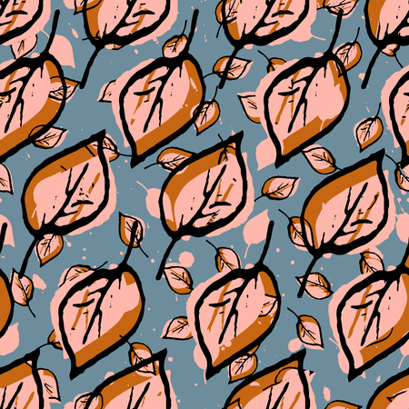 Leaves and Apples Seamless Pattern. Pastel peach color and black. Hand Drawn backdrop for wallpaper, textile, invitations, wedding, wrapping papers, etc. Vectorのイラスト素材