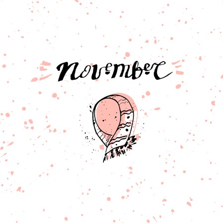 November Cozy Cute Hand Drawn Autumn Lettering with pastel ink texture and apple wreath background. Vector Illustrationのイラスト素材