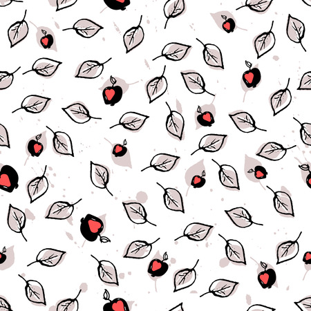 Leaves and Apples Seamless Pattern. Pastel peach color and black. Hand Drawn backdrop for wallpaper, textile, invitations, wedding, wrapping papers, etc. Vectorのイラスト素材