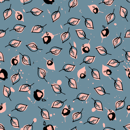 Leaves and Apples Seamless Pattern. Pastel peach color and black. Hand Drawn backdrop for wallpaper, textile, invitations, wedding, wrapping papers, etc. Vectorのイラスト素材