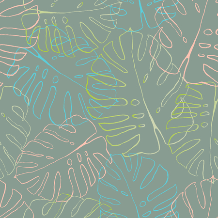 Floral seamless pattern. Pastel and gold doodles texture. Stylized sketch Monstera leaves. Great for fabric, wallpaper, wrapping paper, surface design, wedding invitation. Vectorのイラスト素材