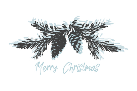 Merry Christmas Hand Drawn christmas tree branch and lettering isolated on white. Cute xmas holiday background for postcards, invitations, greeting cards, banners, posters, etc. Made in vectorのイラスト素材