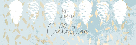 Christmas tree cone painting vector textures. Trendy Pastel blue white gold botanical winter patternの写真素材