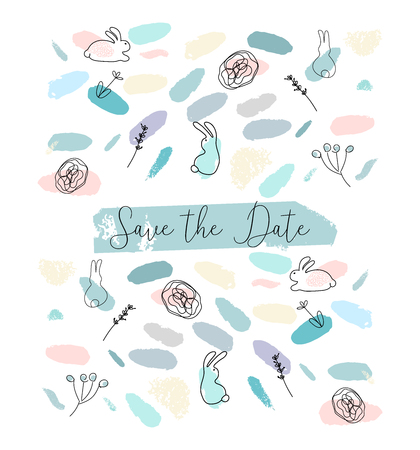 Save the Date abstract soft design witn different hand drawn textures. Cute minimal floral and animal decoration elementsのイラスト素材