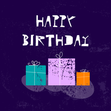 Happy Birthday artistic cartoon vector illustration greeting card design witn colorful gift boxes and old texture effectのイラスト素材