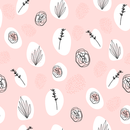 Abstract Hand Drawn Floral doodle seamless pattern. Freehand flowers and leaves on grunge brush texture. Artistic unusual pastel print. Art background for textile, wrapping, wallpaper, invitation,の写真素材