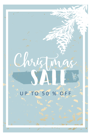 Christmas tree branch painting vector fashion banner. Trendy Pastel blue white gold botanical winter patternの写真素材