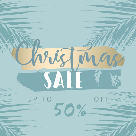 Christmas tree branch painting vector fashion banner. Trendy Pastel blue white gold botanical winter patternのイラスト素材