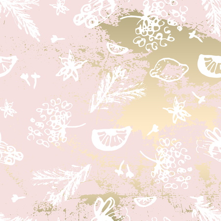 Hand drawn chic winter painting pattern on trendy pastel blush gold marble textured background. Cute vector illustration for packaging, wrapping paper, wallpaper, greeting card, textile, invitationsの写真素材