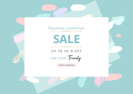 Trendy Sale Banner Design with different hand drawn confetti organic shapes and textures. Social Media Cute backdrop for advertising, web design, posters, invitations, greeting cards, birthday, anniversaryのイラスト素材