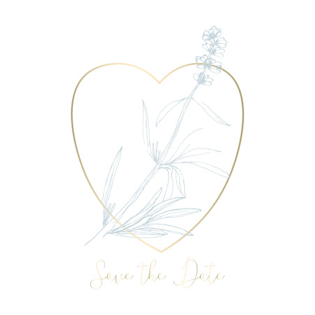 Hand drawn lavender flowers with elegant gold frame. Pastel soft blue brush background. Vector decoration elementのイラスト素材
