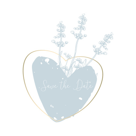 Hand drawn lavender flowers with elegant gold frame. Pastel soft blue brush background. Vector decoration elementのイラスト素材